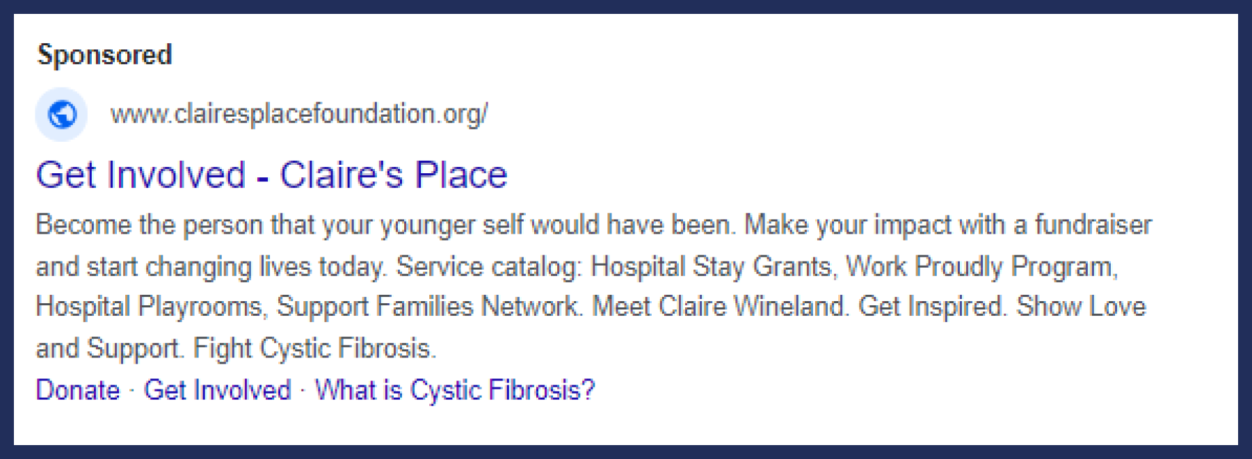 A Google Ad for Claire’s Place Foundation that promotes involvement opportunities