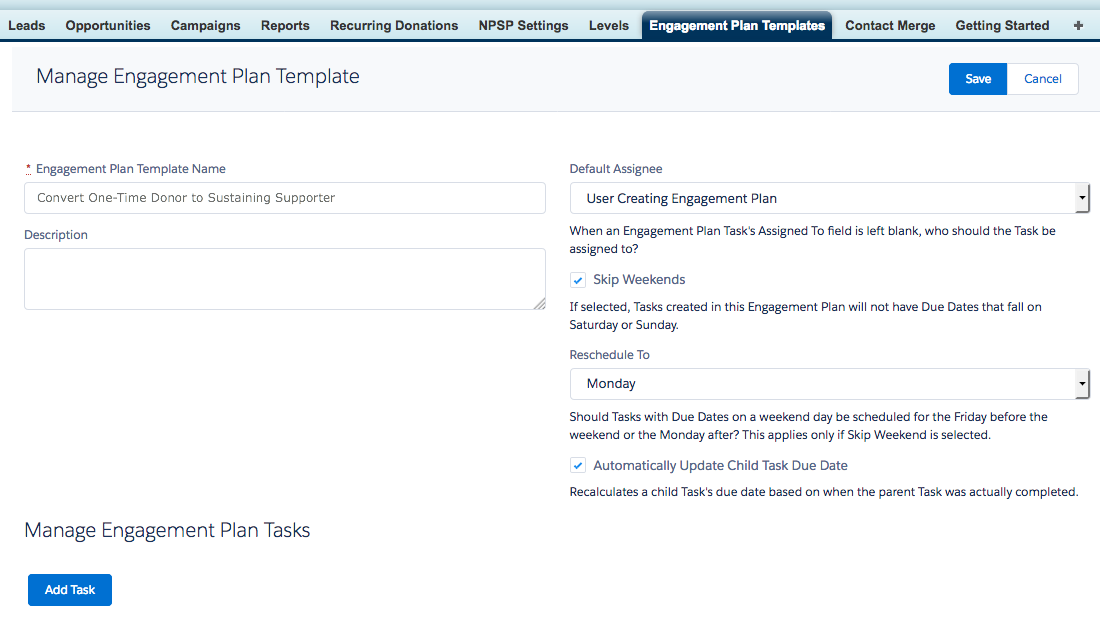 Salesforce Nonprofit Success Pack Engagement Plan Template: Create Template