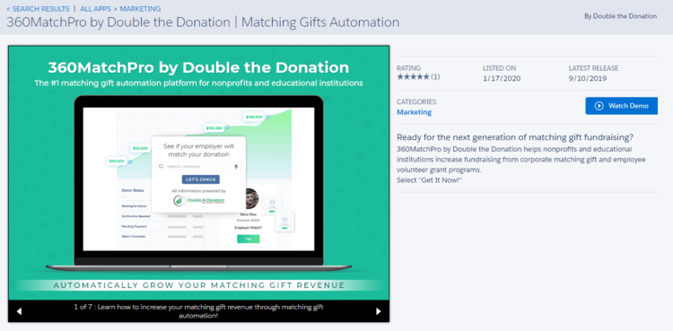 360MatchPro’s Salesforce app for nonprofits provides insights into matching gift revenue on their easy-to-use dashboard.