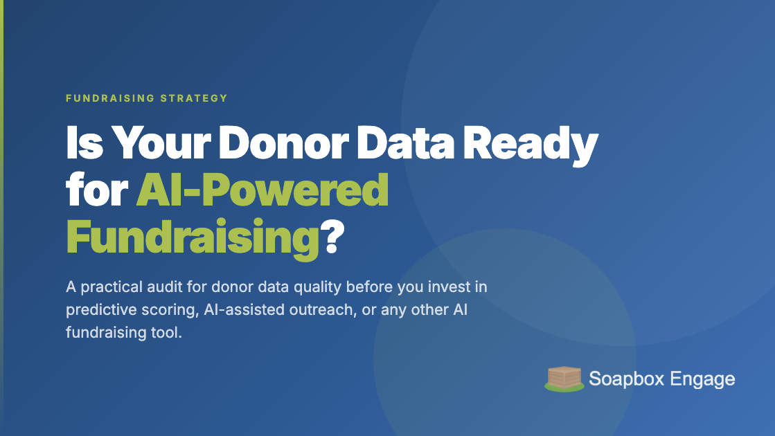 Title card reading 'Is Your Donor Data Ready for AI-Powered Fundraising?' with the subtitle 'What to check before you invest in predictive scoring or AI-assisted outreach'