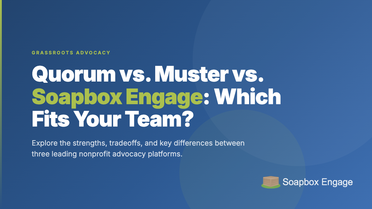 A nonprofit advocacy team comparing three software platforms on a laptop screen showing Salesforce data