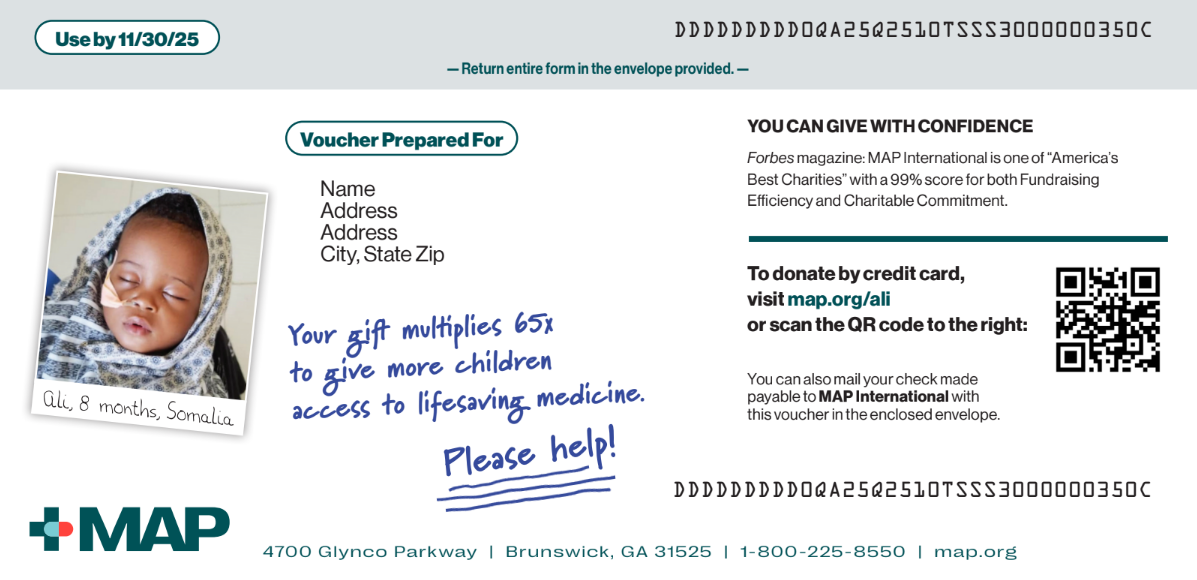 An example mailable fundraising appeal that prompts recipients to donate